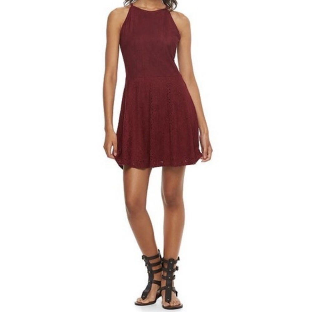 Pink Republic faux suede maroon red sleeveless eyelet mini dress medium pullover